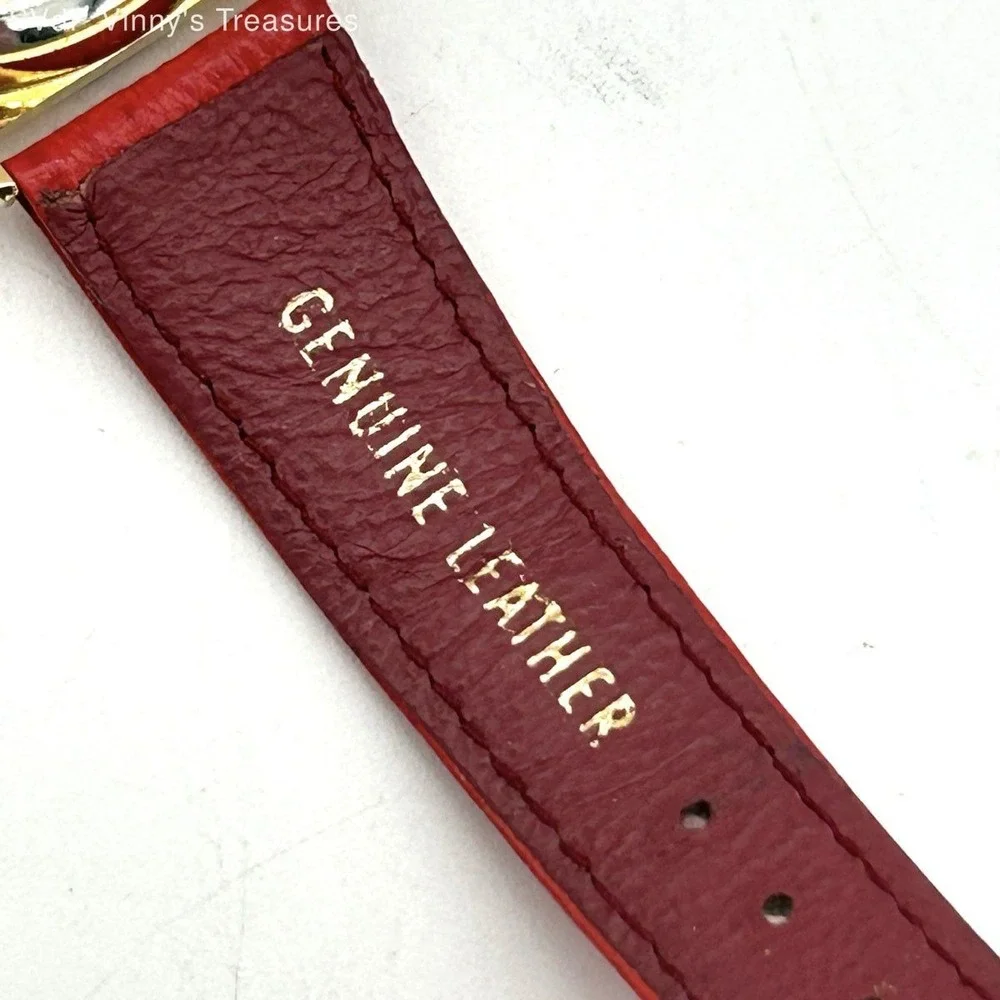 Vintage R&R Christmas Watch Moving Bear Train Gold Tone Red Leather Strap